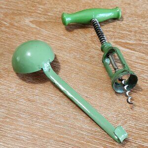 Vintage 1950's Green Enamelware Corkscrew and small ladle